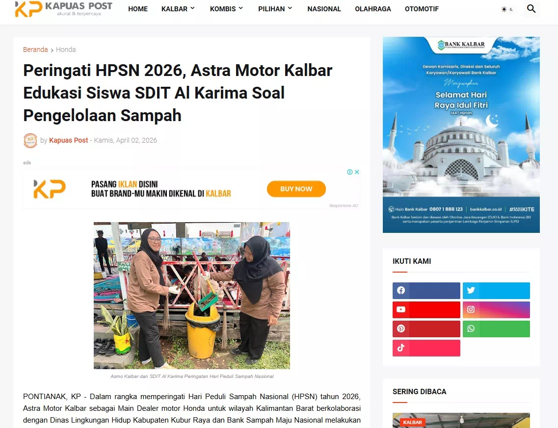 Peringati HPSN 2026, Astra Motor Kalbar Edukasi Siswa SDIT Al Karima Soal Pengelolaan Sampah