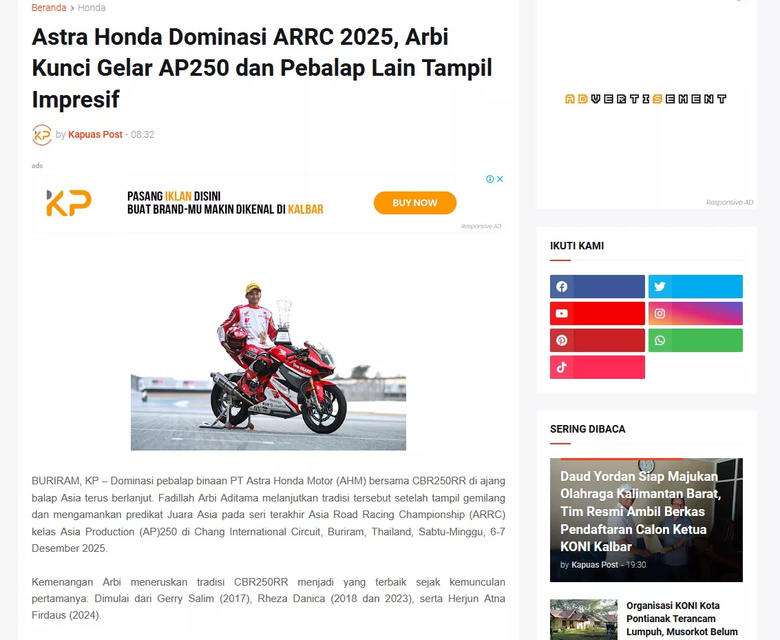 Astra Honda Dominasi ARRC 2025, Arbi Kunci Gelar AP250 dan Pebalap Lain Tampil Impresif