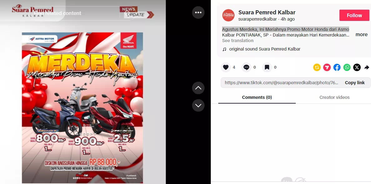 Agustus Merdeka, Ini Meriahnya Promo Motor Honda dari Asmo