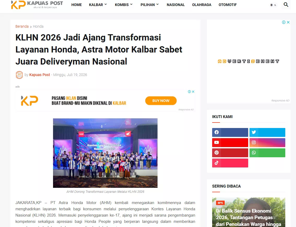 KLHN 2026 Jadi Ajang Transformasi Layanan Honda, Astra Motor Kalbar Sabet Juara Deliveryman Nasional