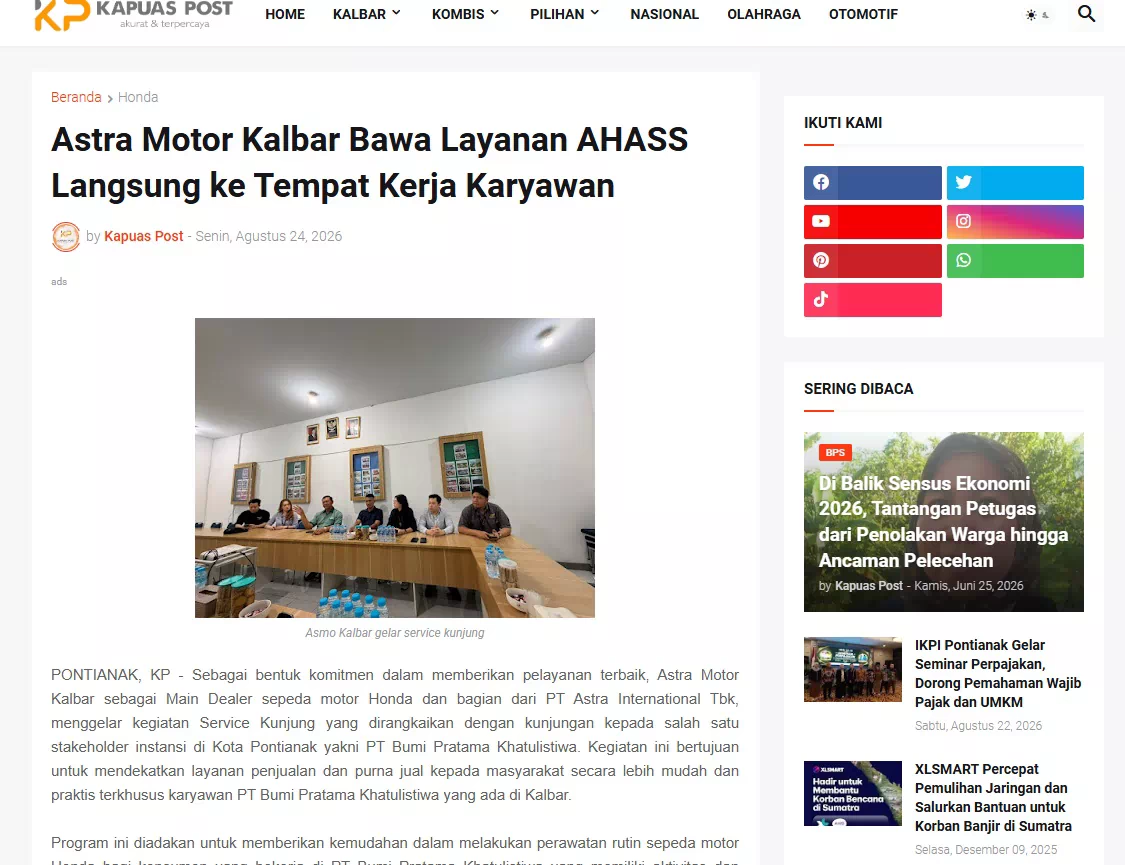 Astra Motor Kalbar Bawa Layanan AHASS Langsung ke Tempat Kerja Karyawan