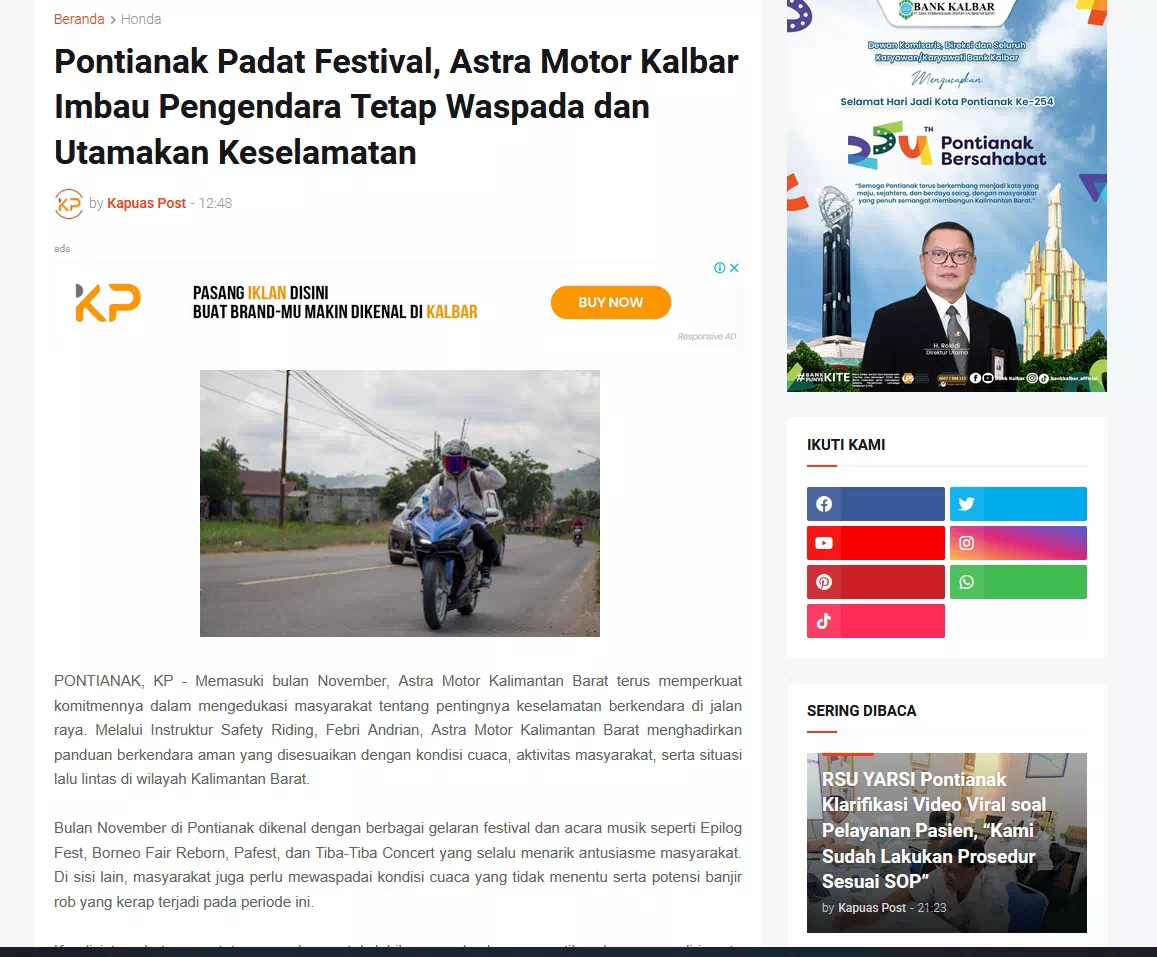 Pontianak Padat Festival, Astra Motor Kalbar Imbau Pengendara Tetap Waspada dan Utamakan Keselamatan