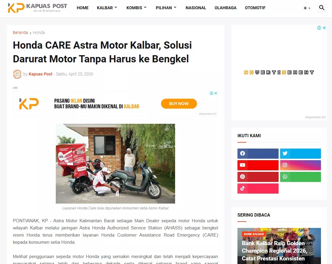 Honda CARE Astra Motor Kalbar, Solusi Darurat Motor Tanpa Harus ke Bengkel