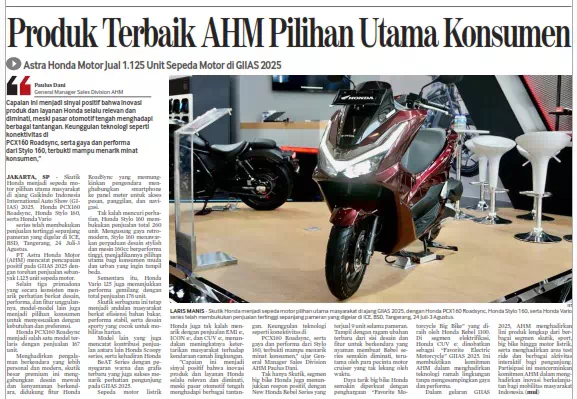 Produk Terbaik AHM Pilihan Utama Konsumen *Astra Honda Motor Jual 1.125 Unit Sepeda Motor di GIIAS 2025, PCX160 Roadsync jadi Primadona Disusul Honda Stylo 160 dan Vario Series