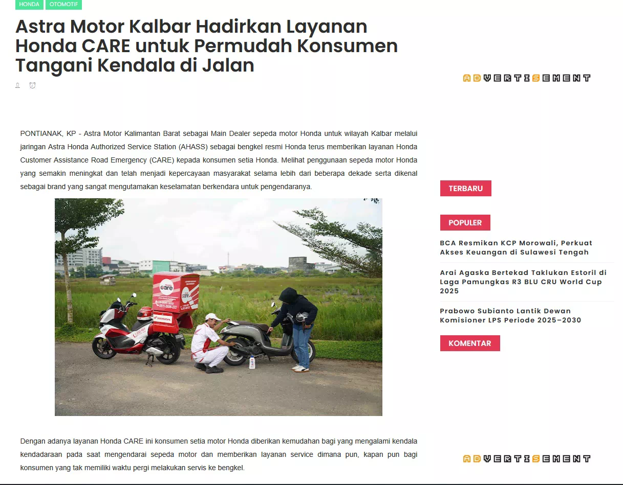 Astra Motor Kalbar Hadirkan Layanan Honda CARE untuk Permudah Konsumen Tangani Kendala di Jalan