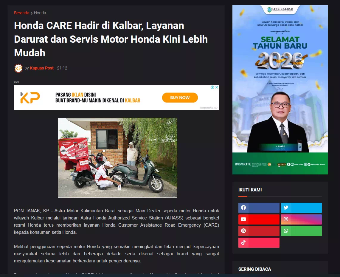 Honda CARE Hadir di Kalbar, Layanan Darurat dan Servis Motor Honda Kini Lebih Mudah