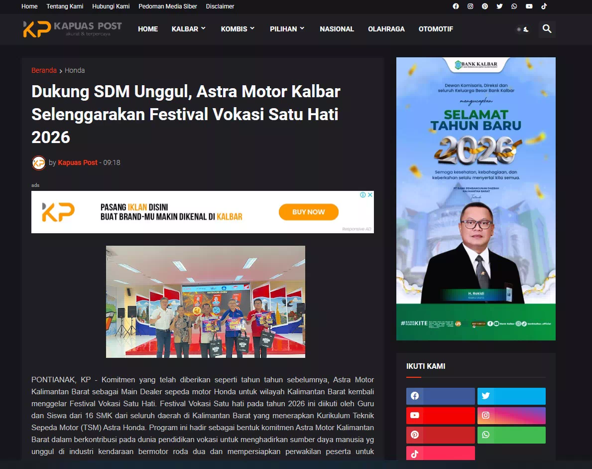 Dukung SDM Unggul, Astra Motor Kalbar Selenggarakan Festival Vokasi Satu Hati 2026