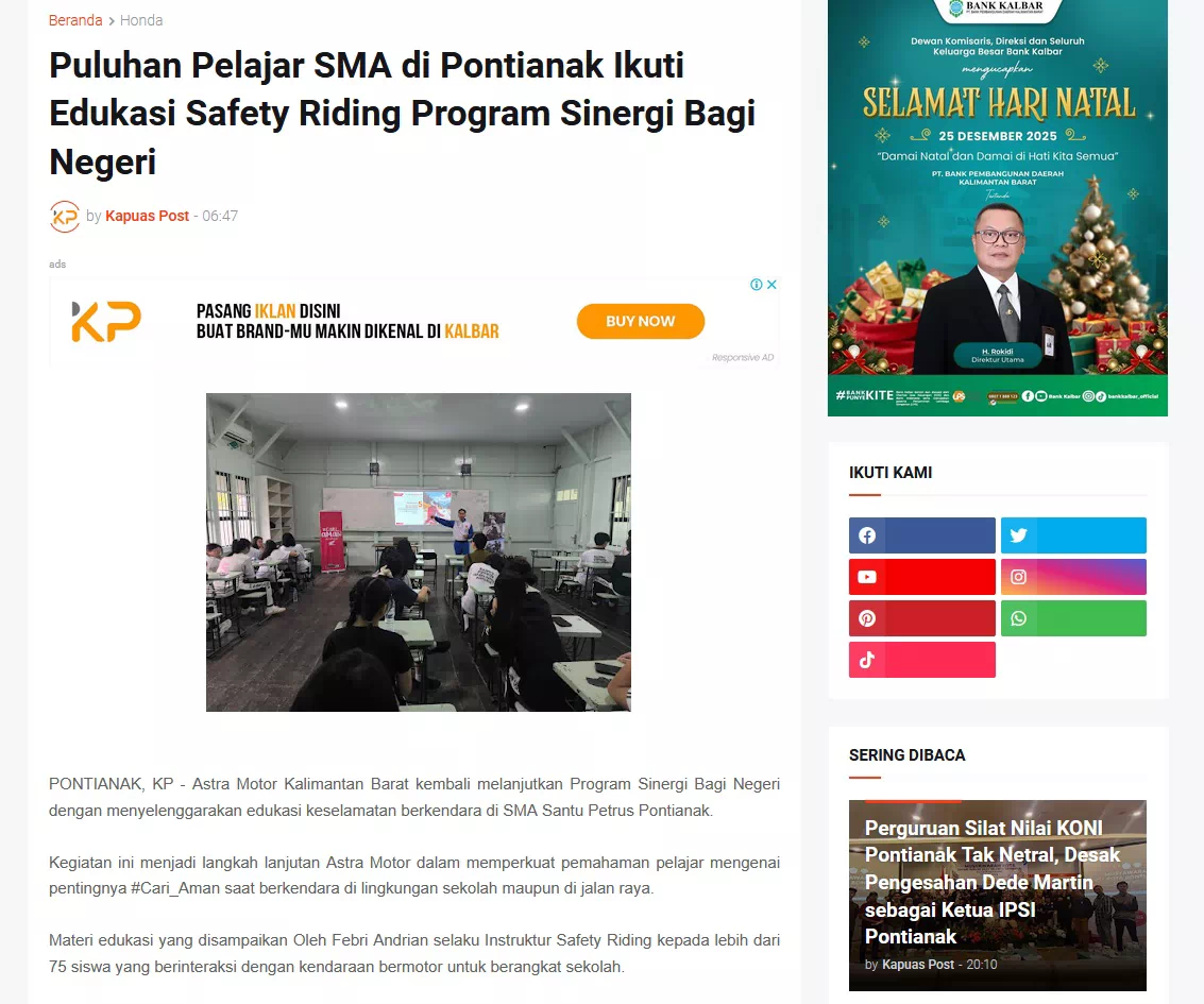Puluhan Pelajar SMA di Pontianak Ikuti Edukasi Safety Riding Program Sinergi Bagi Negeri