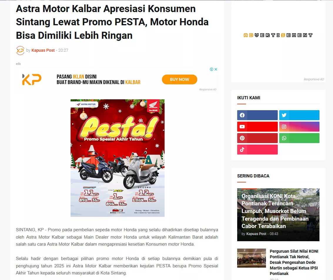 Astra Motor Kalbar Apresiasi Konsumen Sintang Lewat Promo PESTA, Motor Honda Bisa Dimiliki Lebih Ringan