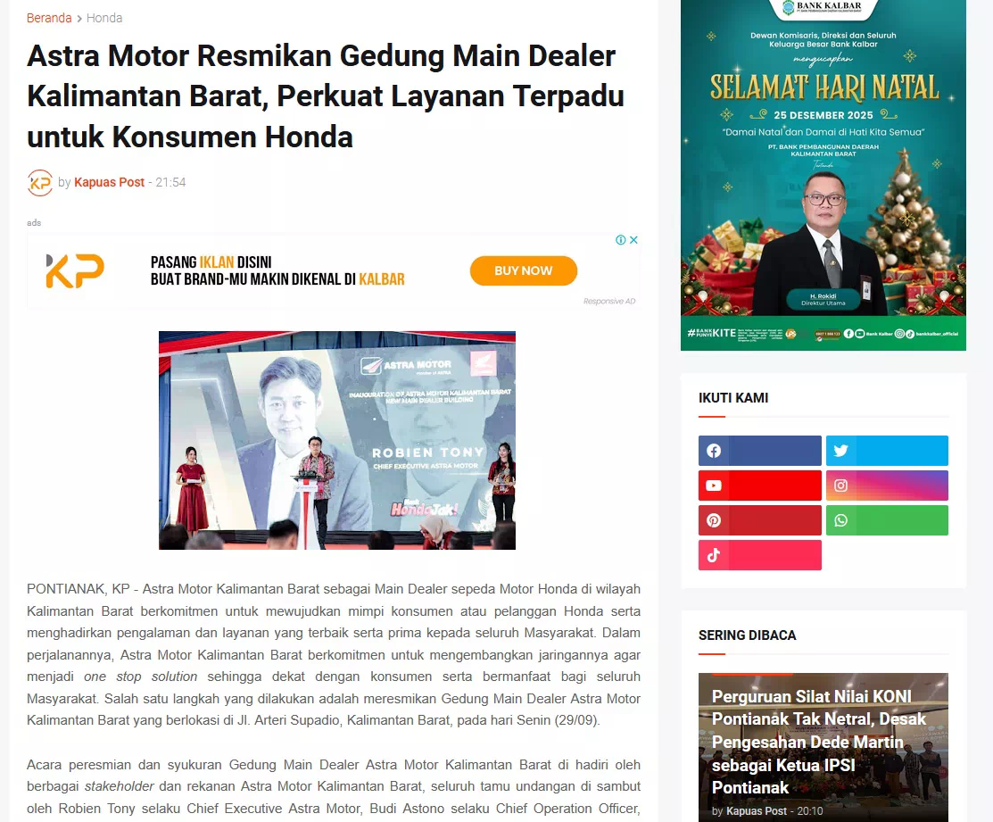 Astra Motor Resmikan Gedung Main Dealer Kalimantan Barat, Perkuat Layanan Terpadu untuk Konsumen Honda