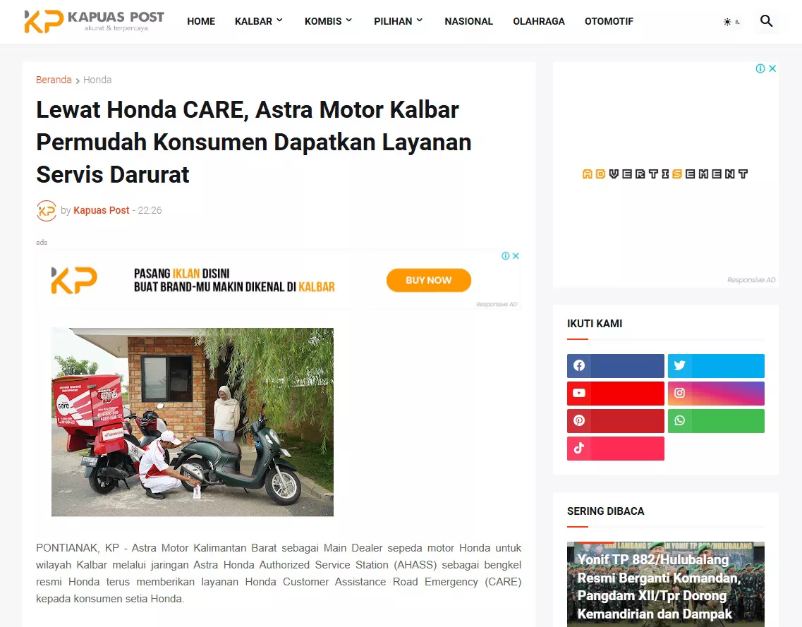 Lewat Honda CARE, Astra Motor Kalbar Permudah Konsumen Dapatkan Layanan Servis Darurat
