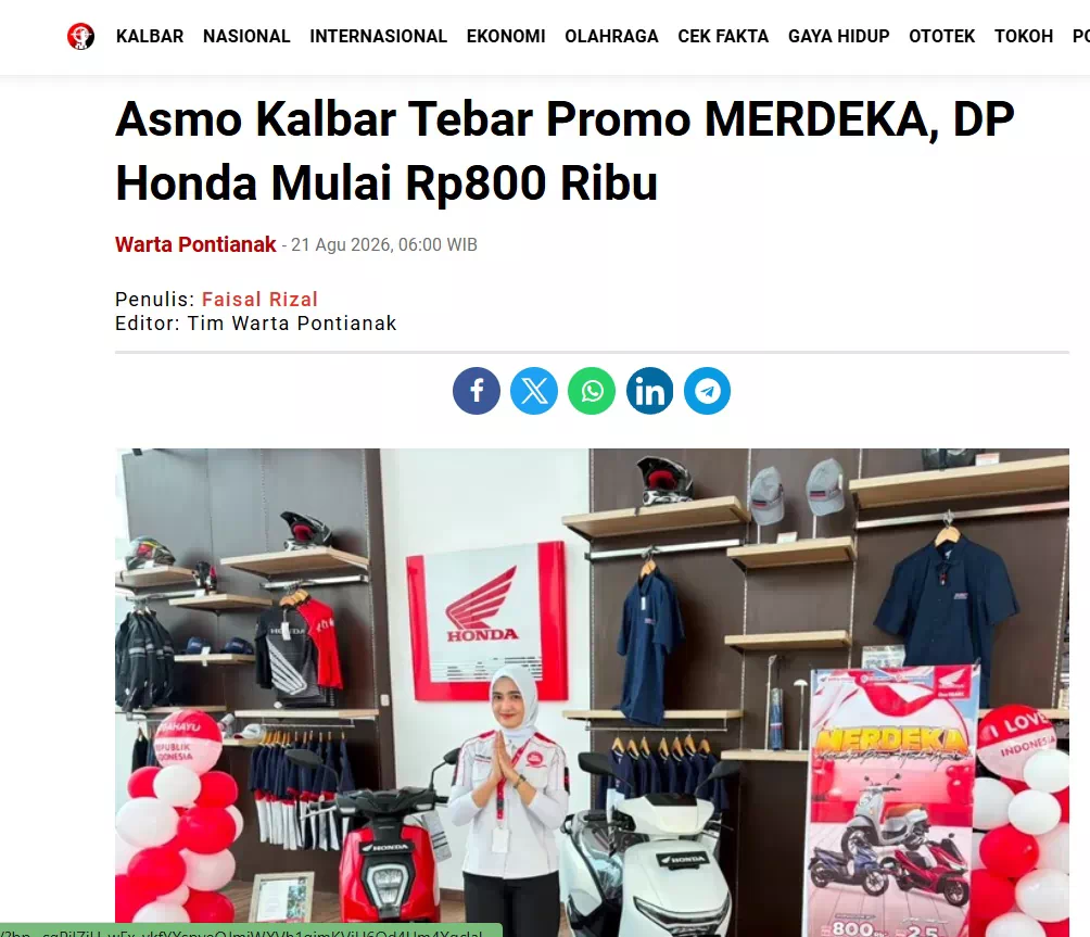 Asmo Kalbar Tebar Promo MERDEKA, DP Honda Mulai Rp800 Ribu