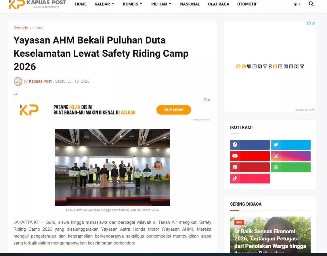 Yayasan AHM Bekali Puluhan Duta Keselamatan Lewat Safety Riding Camp 2026