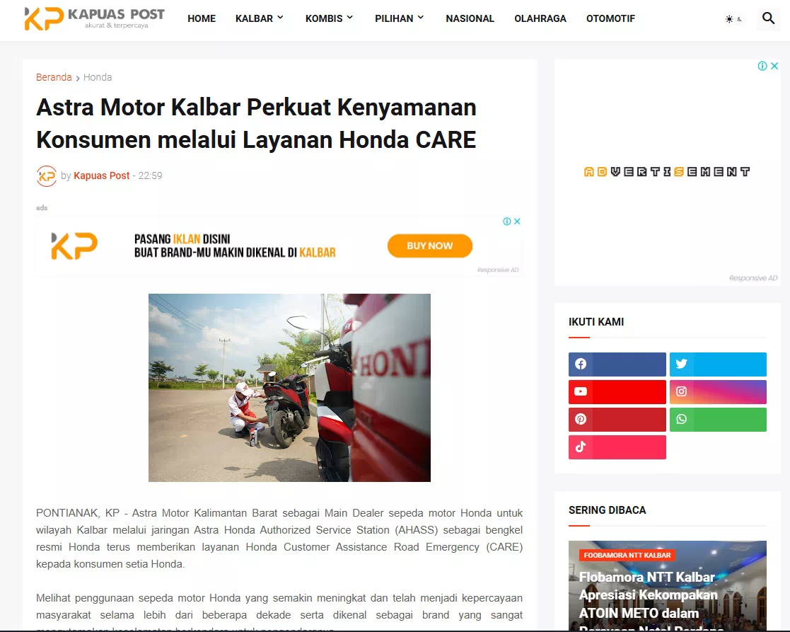 Astra Motor Kalbar Perkuat Kenyamanan Konsumen melalui Layanan Honda CARE