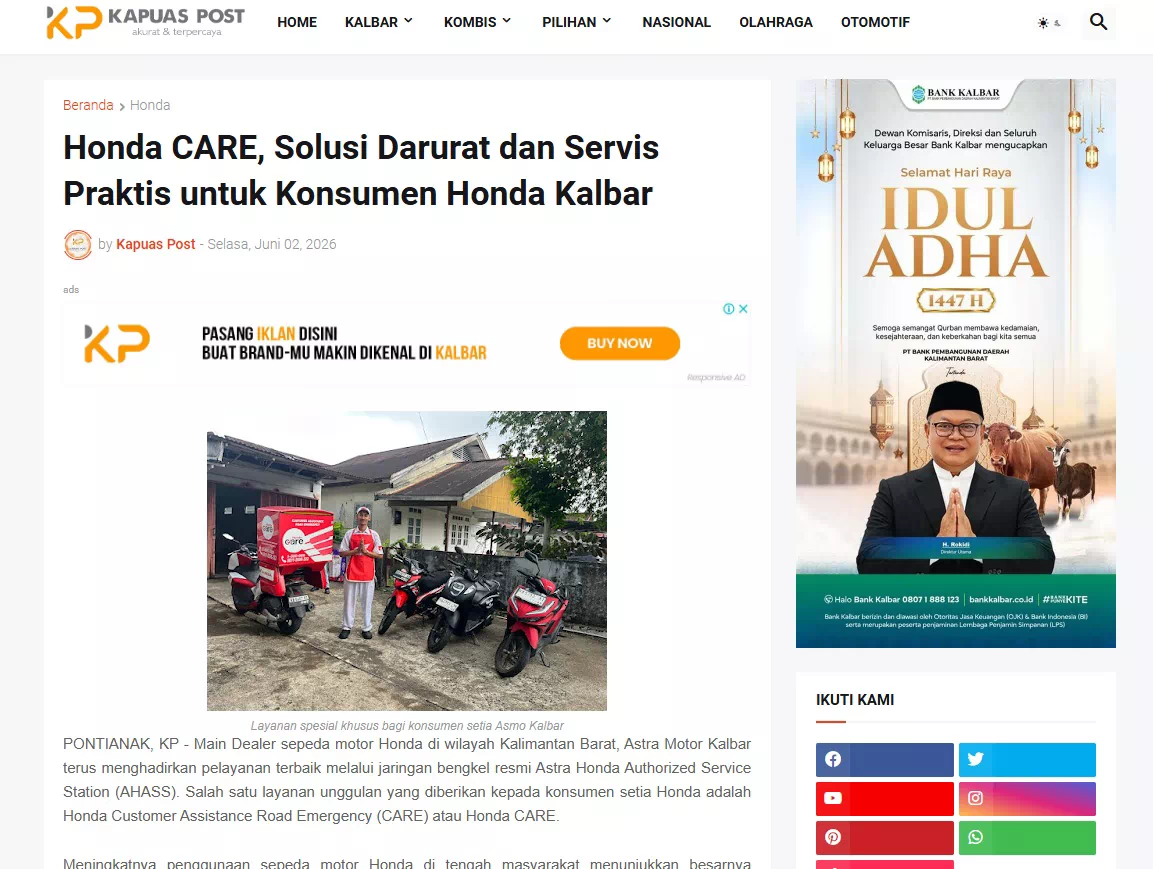 Honda CARE, Solusi Darurat dan Servis Praktis untuk Konsumen Honda Kalbar