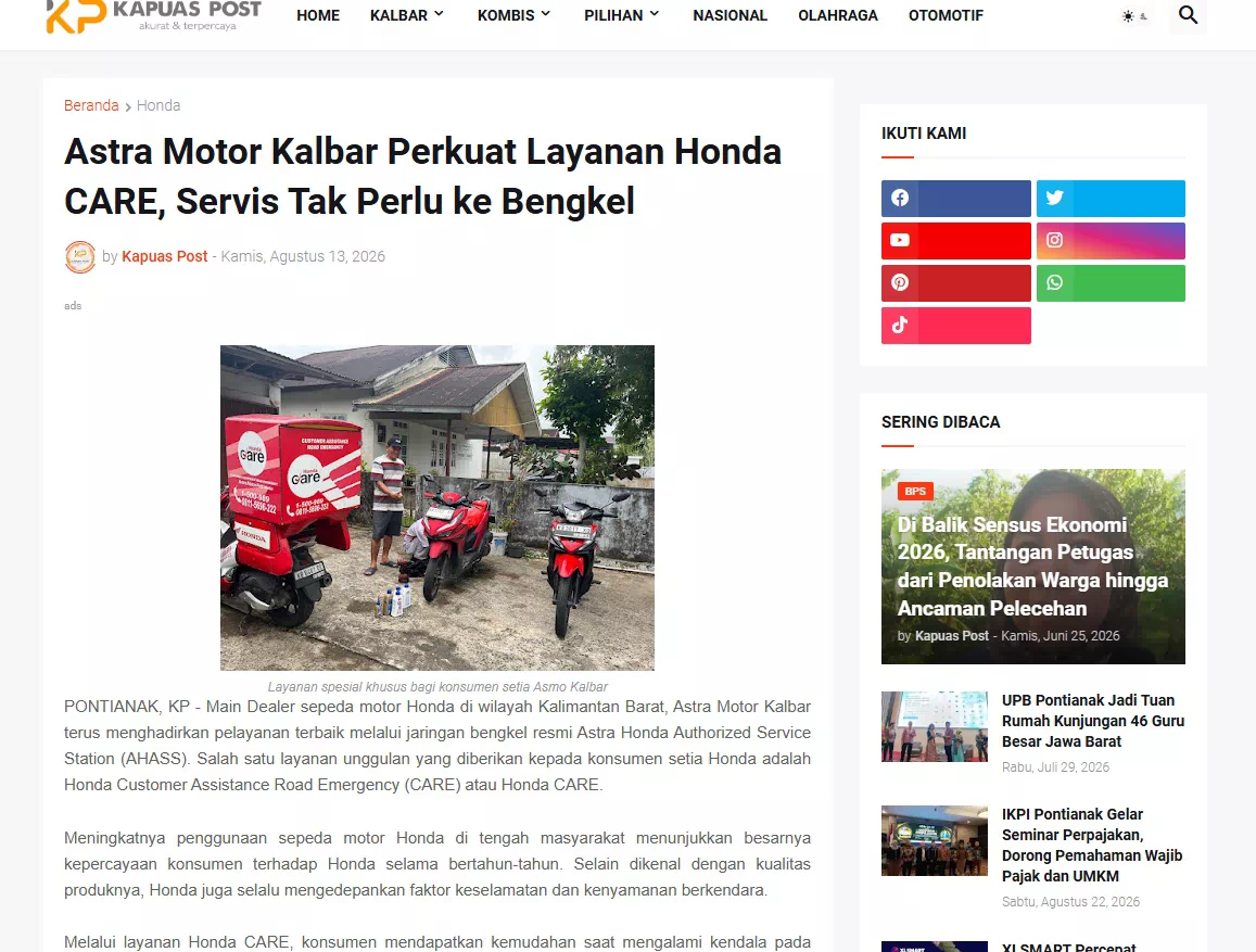 Astra Motor Kalbar Perkuat Layanan Honda CARE, Servis Tak Perlu ke Bengkel