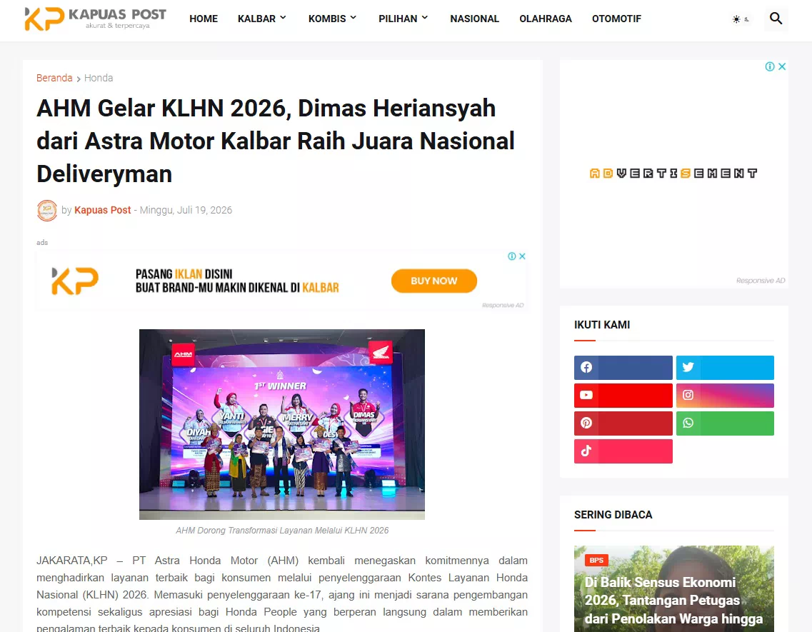 AHM Gelar KLHN 2026, Dimas Heriansyah dari Astra Motor Kalbar Raih Juara Nasional Deliveryman