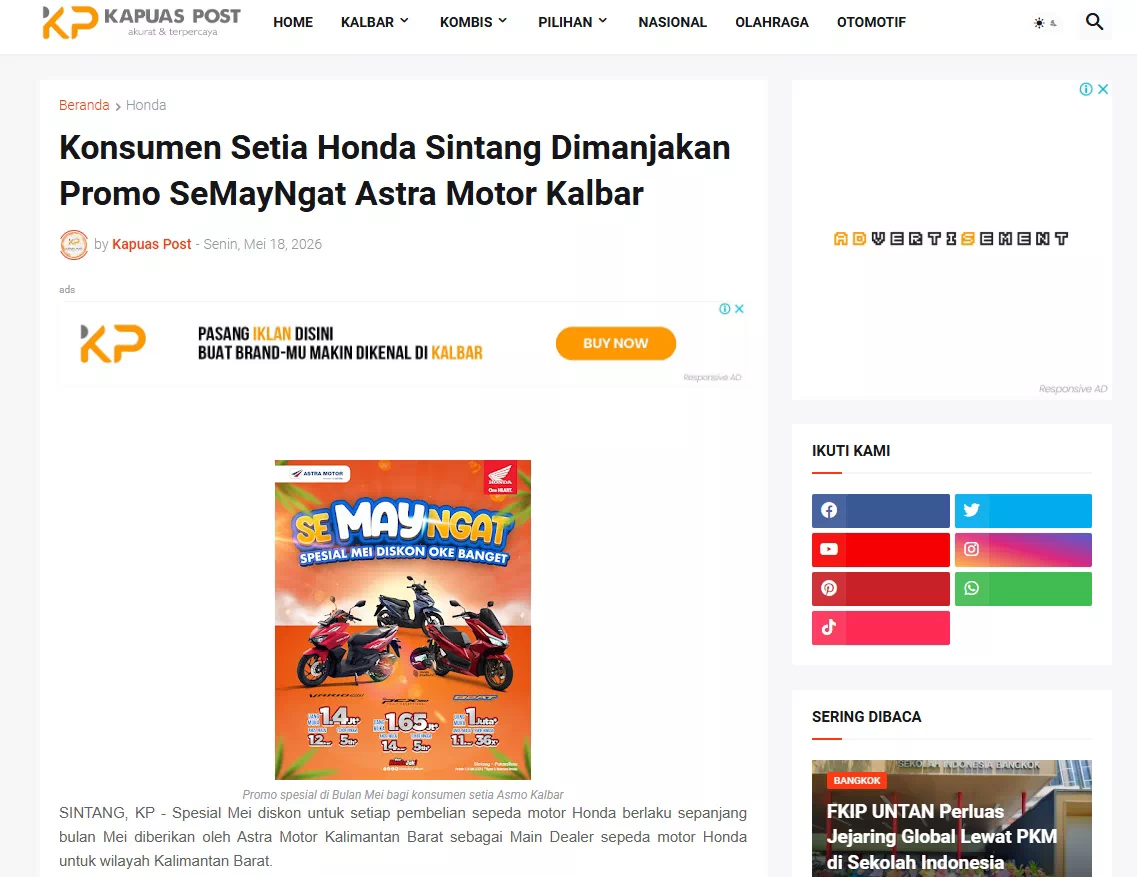 Konsumen Setia Honda Sintang Dimanjakan Promo SeMayNgat Astra Motor Kalbar