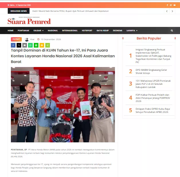 Tanpil Dominan di KLHN Tahun ke-17, Ini Para Juara Kontes Layanan Honda Nasional 2026 Asal Kalimantan Barat