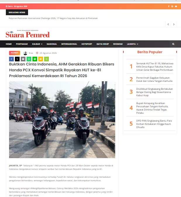 Buktkan Cinta Indonesia, AHM Gerakkan Ribuan Bikers Honda PCX Konvoi Simpatik Rayakan HUT ke-81 Proklamasi Kemerdekaan RI Tahun 2026