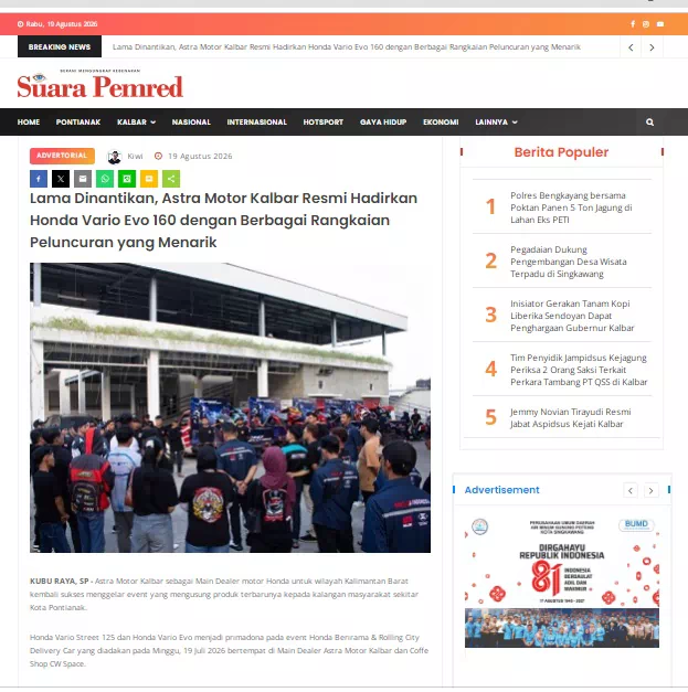 Lama Dinantikan, Astra Motor Kalbar Resmi Hadirkan Honda Vario Evo 160 dengan Berbagai Rangkaian Peluncuran yang Menarik