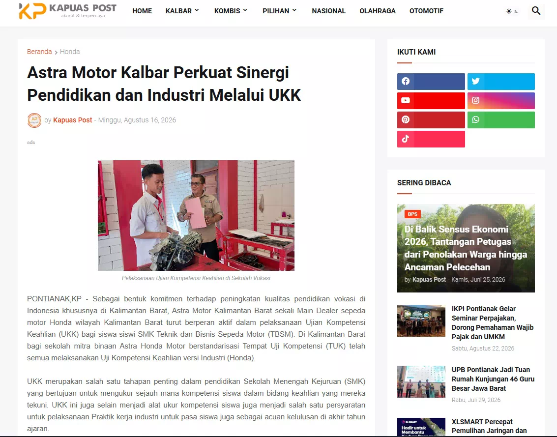 Astra Motor Kalbar Perkuat Sinergi Pendidikan dan Industri Melalui UKK