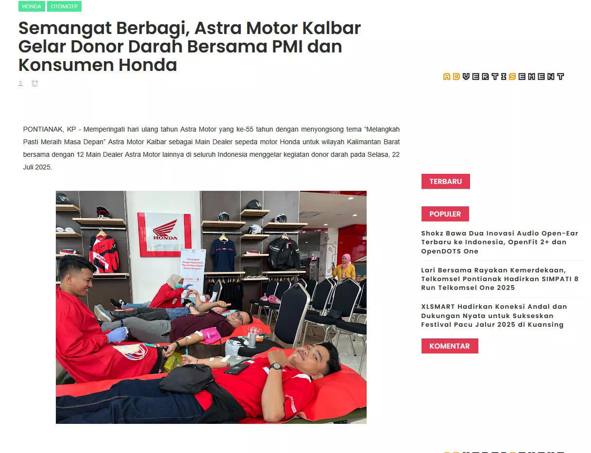 Semangat Berbagi, Astra Motor Kalbar Gelar Donor Darah Bersama PMI dan Konsumen Honda