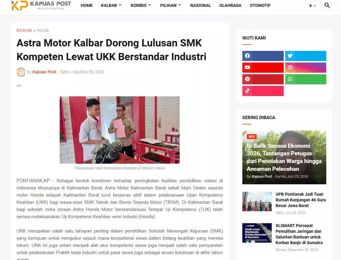 Astra Motor Kalbar Dorong Lulusan SMK Kompeten Lewat UKK Berstandar Industri
