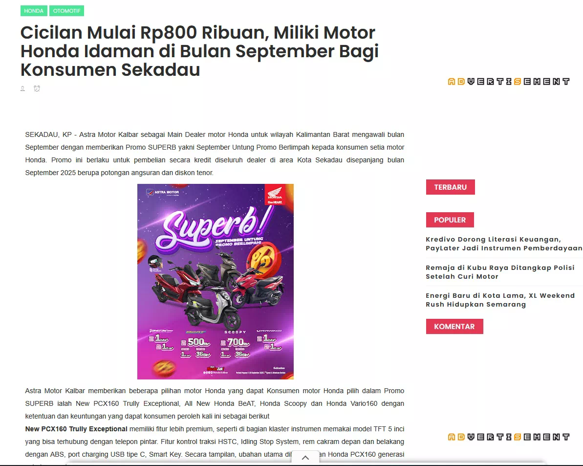 Cicilan Mulai Rp800 Ribuan, Miliki Motor Honda Idaman di Bulan September Bagi Konsumen Sekadau