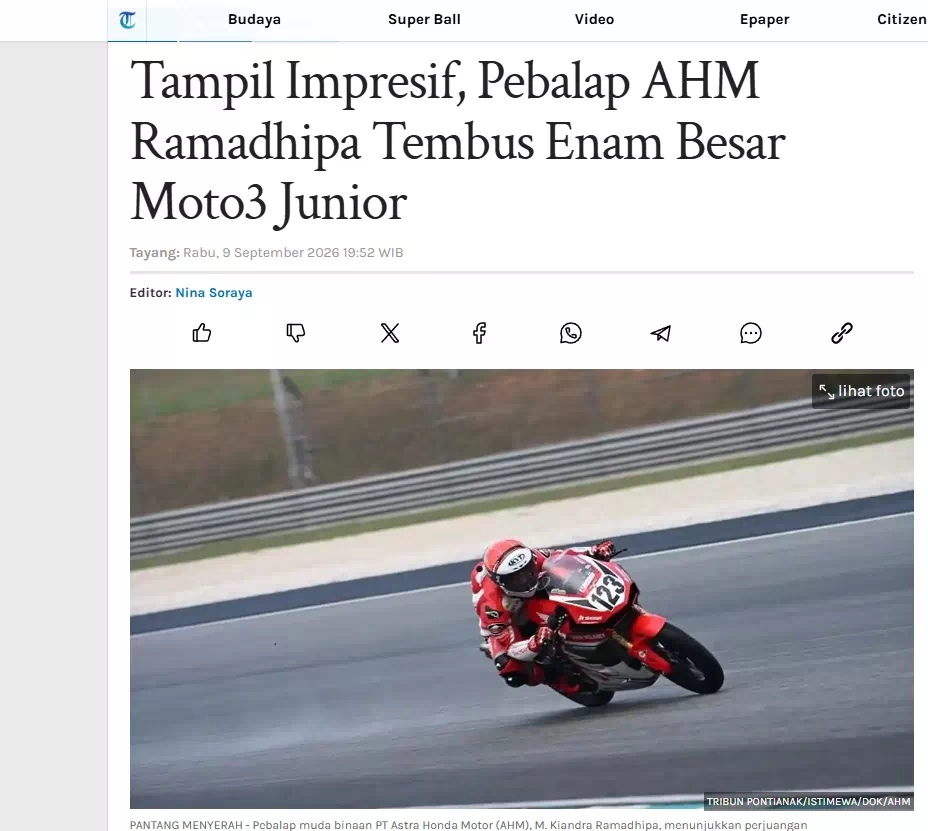Tampil Impresif, Pebalap AHM Ramadhipa Tembus Enam Besar Moto3 Junior