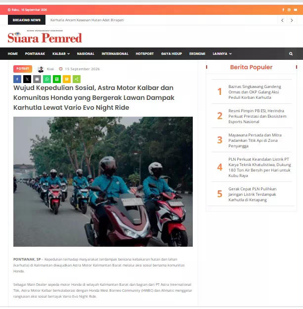 Wujud Kepedulian Sosial, Astra Motor Kalbar dan Komunitas Honda yang Bergerak Lawan Dampak Karhutla Lewat Vario Evo Night Ride