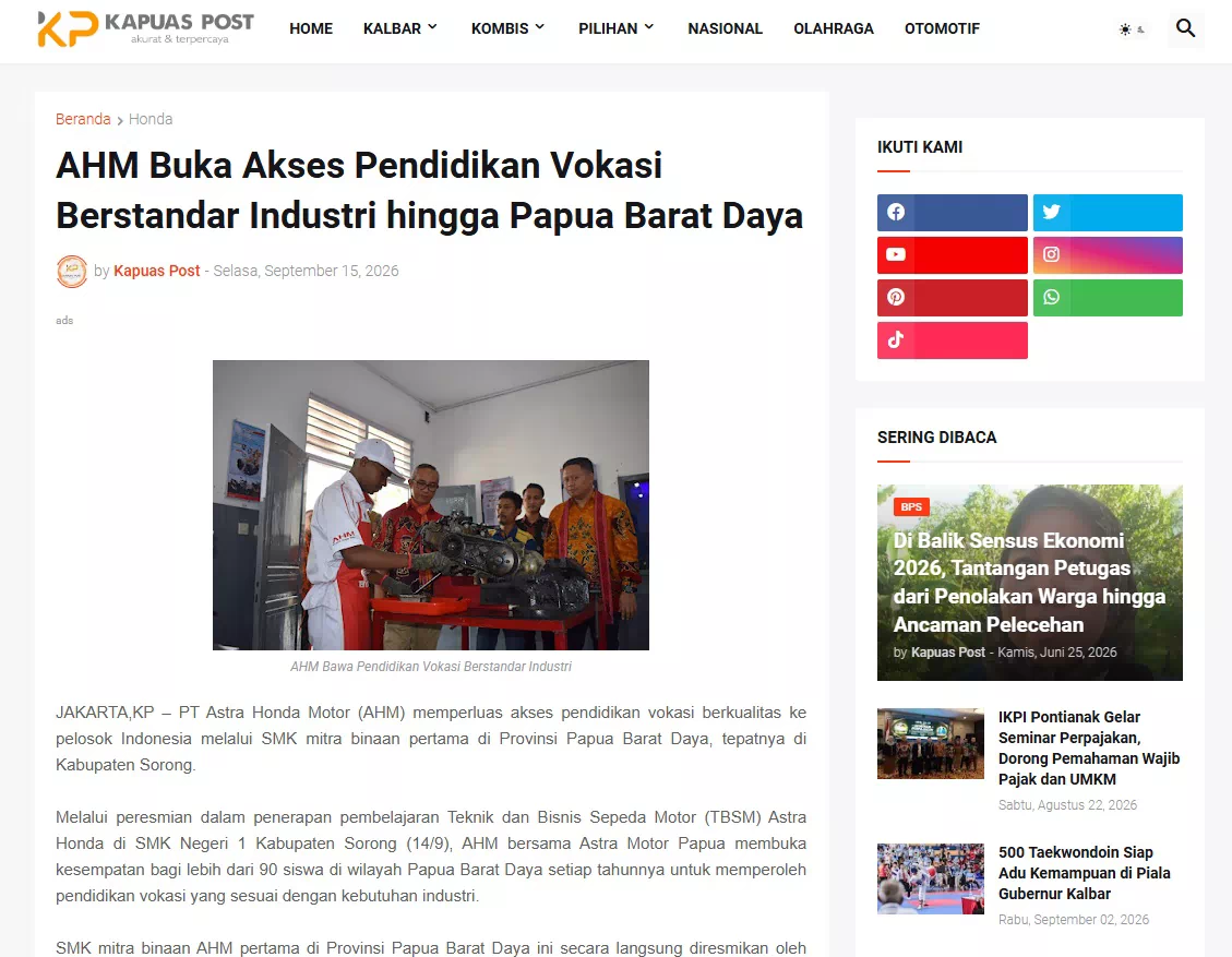 AHM Buka Akses Pendidikan Vokasi Berstandar Industri hingga Papua Barat Daya