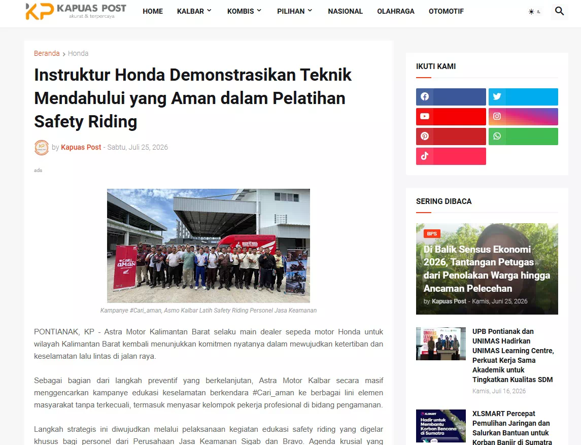Instruktur Honda Demonstrasikan Teknik Mendahului yang Aman dalam Pelatihan Safety Riding