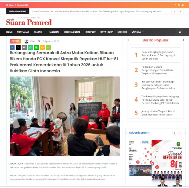 Berlangsung Semarak di Astra Motor Kalbar, Ribuan Bikers Honda PCX Konvoi Simpatik Rayakan HUT ke-81 Proklamasi Kemerdekaan RI Tahun 2026 untuk Buktikan Cinta Indonesia