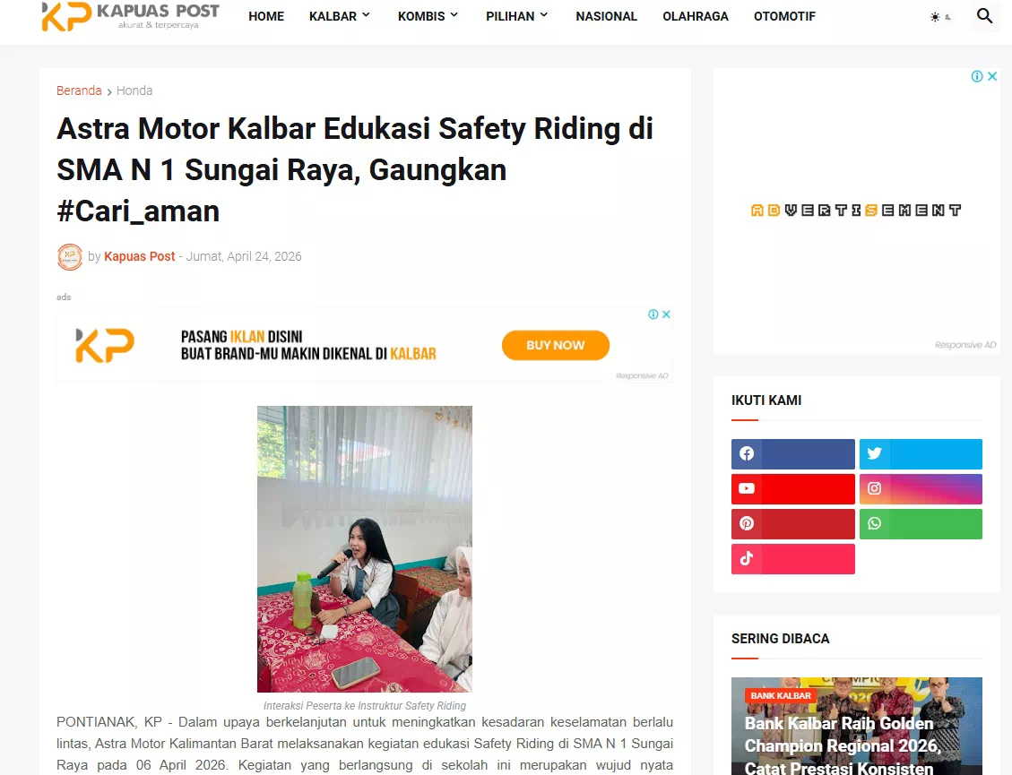 Astra Motor Kalbar Edukasi Safety Riding di SMA N 1 Sungai Raya, Gaungkan #Cari_aman