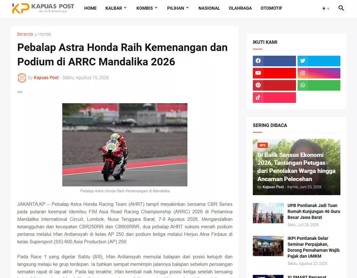 Pebalap Astra Honda Raih Kemenangan dan Podium di ARRC Mandalika 2026