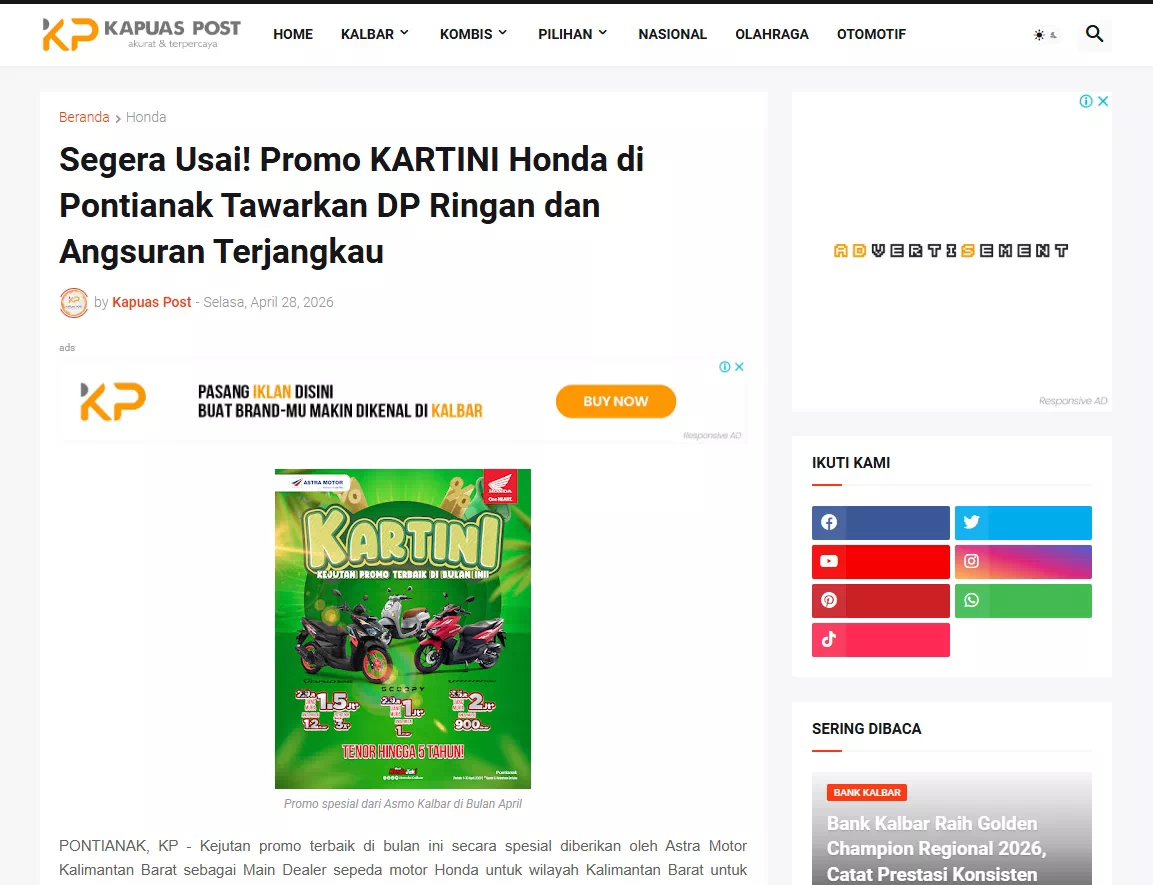 Segera Usai! Promo KARTINI Honda di Pontianak Tawarkan DP Ringan dan Angsuran Terjangkau