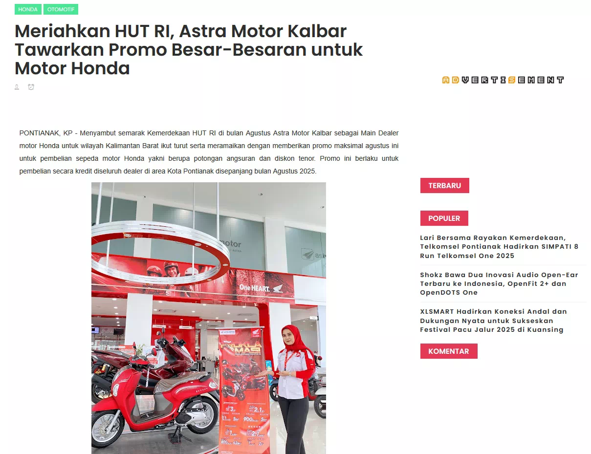 Meriahkan HUT RI, Astra Motor Kalbar Tawarkan Promo Besar-Besaran untuk Motor Honda