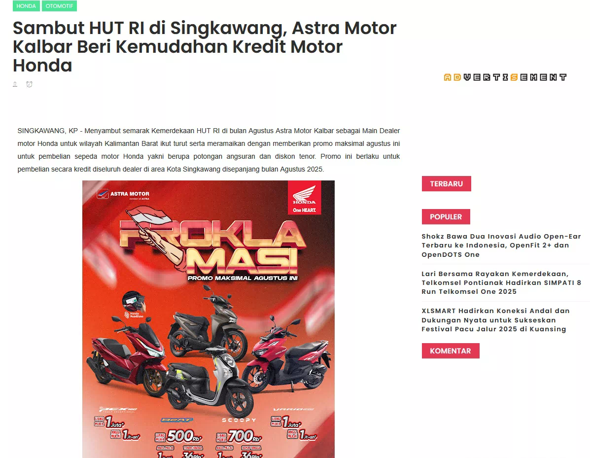 Sambut HUT RI di Singkawang, Astra Motor Kalbar Beri Kemudahan Kredit Motor Honda