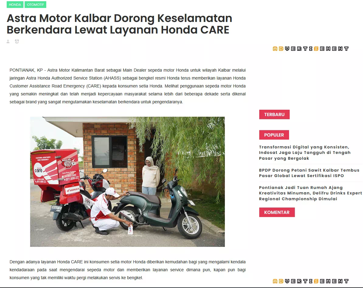 Astra Motor Kalbar Dorong Keselamatan Berkendara Lewat Layanan Honda CARE