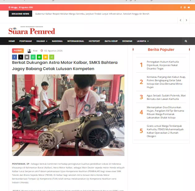 Berkat Dukungan Astra Motor Kalbar, SMKS Bahtera Jagoy Babang Cetak Lulusan Kompeten