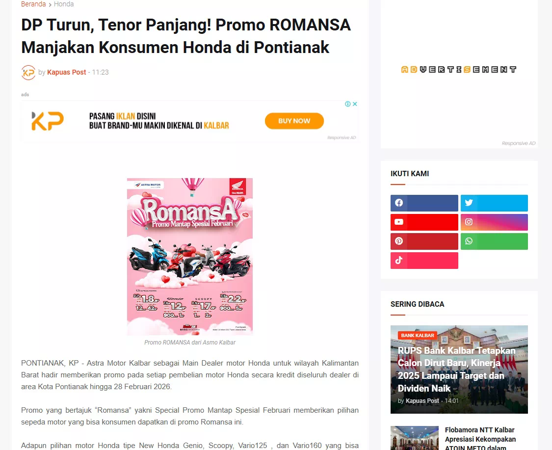 DP Turun, Tenor Panjang! Promo ROMANSA Manjakan Konsumen Honda di Pontianak