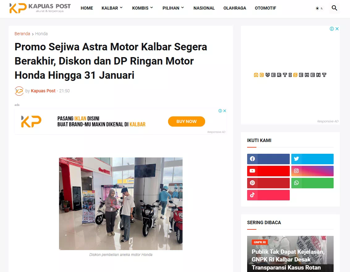 Promo Sejiwa Astra Motor Kalbar Segera Berakhir, Diskon dan DP Ringan Motor Honda Hingga 31 Januari