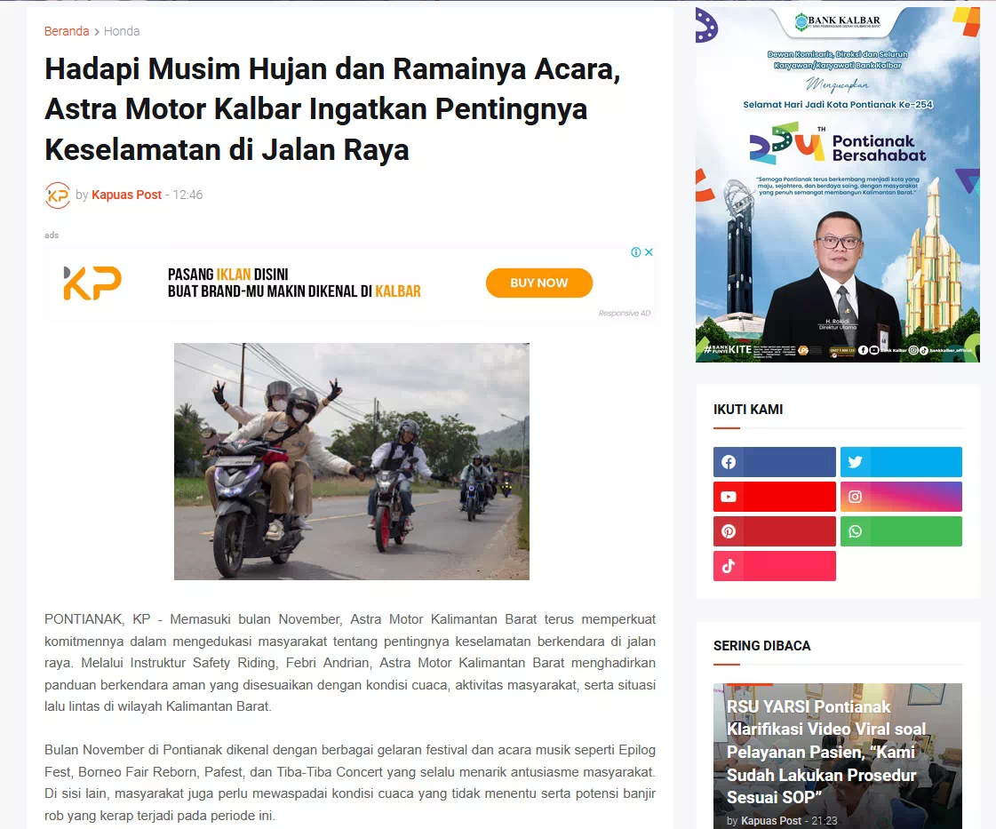 Hadapi Musim Hujan dan Ramainya Acara, Astra Motor Kalbar Ingatkan Pentingnya Keselamatan di Jalan Raya