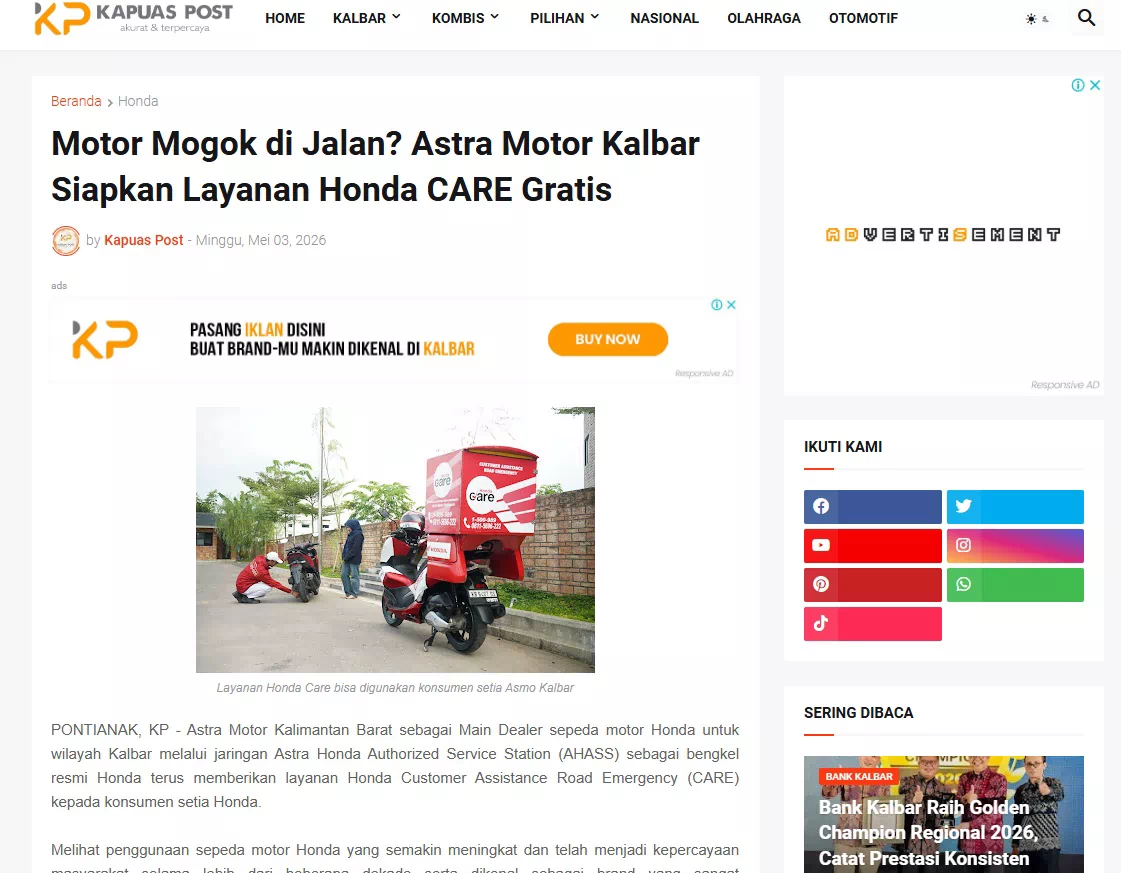 Motor Mogok di Jalan? Astra Motor Kalbar Siapkan Layanan Honda CARE Gratis