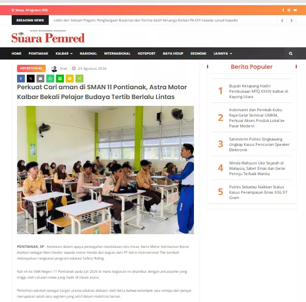 Perkuat Cari aman di SMAN 11 Pontianak, Astra Motor Kalbar Bekali Pelajar Budaya Tertib Berlalu Lintas
