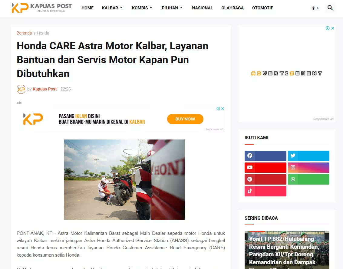 Honda CARE Astra Motor Kalbar, Layanan Bantuan dan Servis Motor Kapan Pun Dibutuhkan