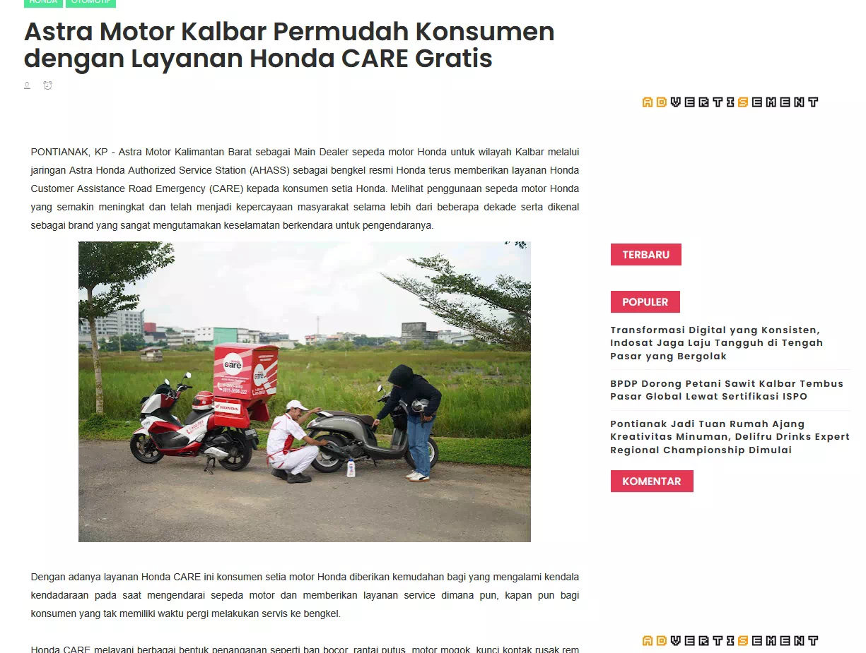 Astra Motor Kalbar Permudah Konsumen dengan Layanan Honda CARE Gratis