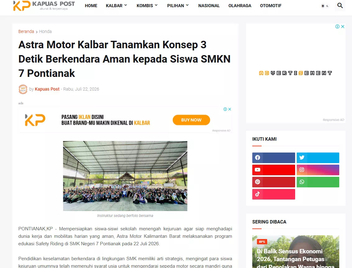 Astra Motor Kalbar Tanamkan Konsep 3 Detik Berkendara Aman kepada Siswa SMKN 7 Pontianak