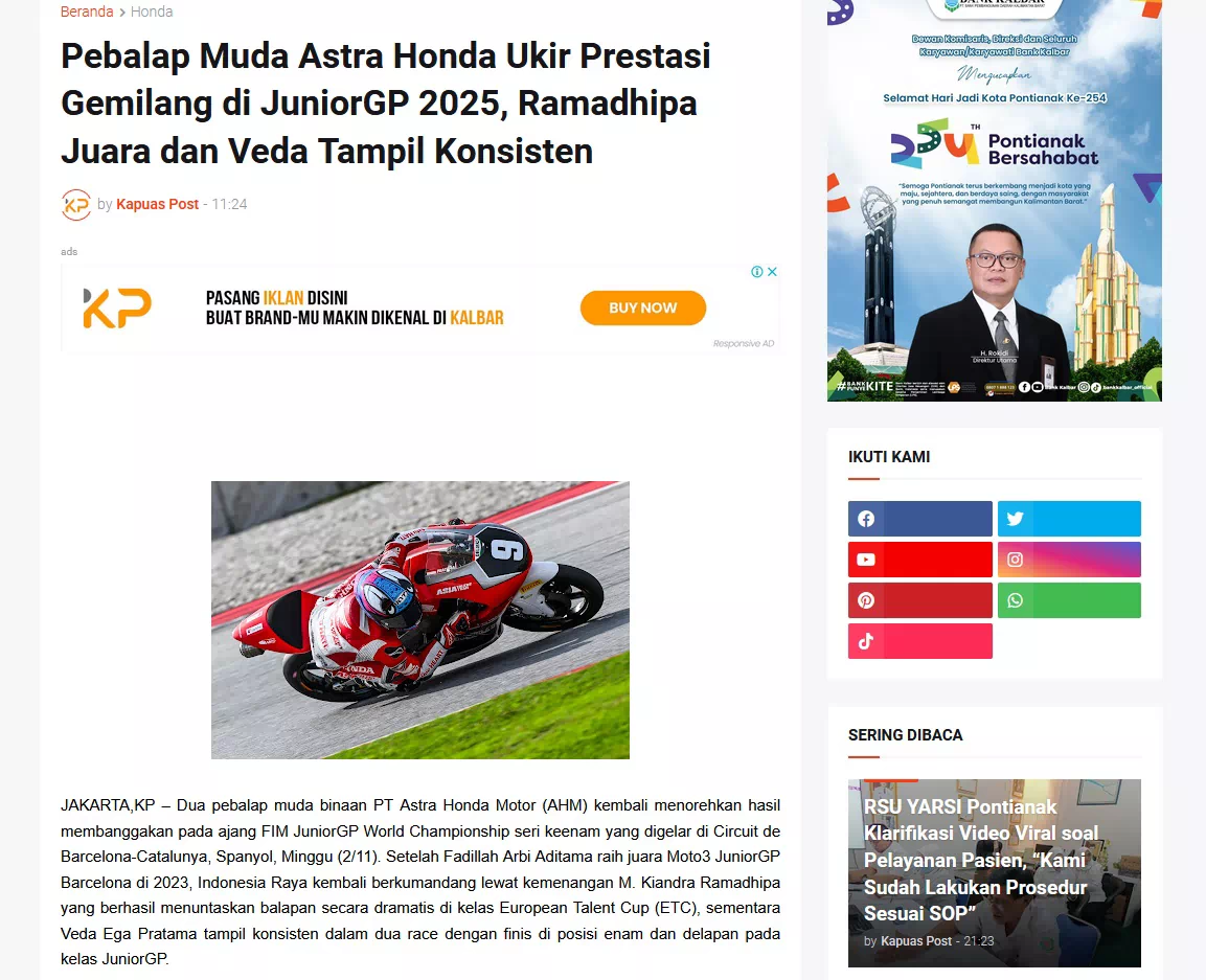 Pebalap Muda Astra Honda Ukir Prestasi Gemilang di JuniorGP 2025, Ramadhipa Juara dan Veda Tampil Konsisten